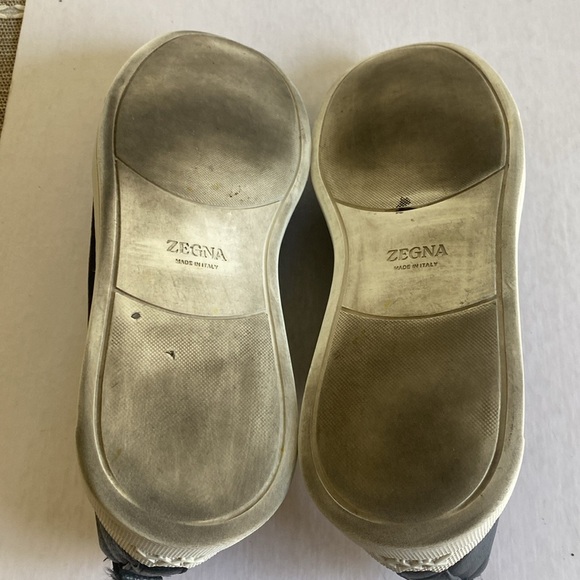 ZEGNA Triple Stitch Dark Navy Pebbled Leather/ Black Suede Slip On Sneakers 12US - Picture 4 of 10